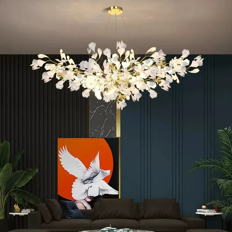 Nordic Luxury Ceramic Acrylic Ginkgo Leaf Chandelier Home Decor Hanging Light Fixture Living Dining Room Bedroom Pendant Lamp