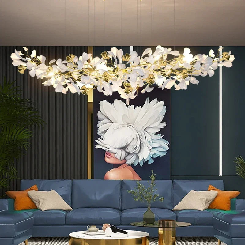 Nordic Luxury Ceramic Acrylic Ginkgo Leaf Chandelier Home Decor Hanging Light Fixture Living Dining Room Bedroom Pendant Lamp
