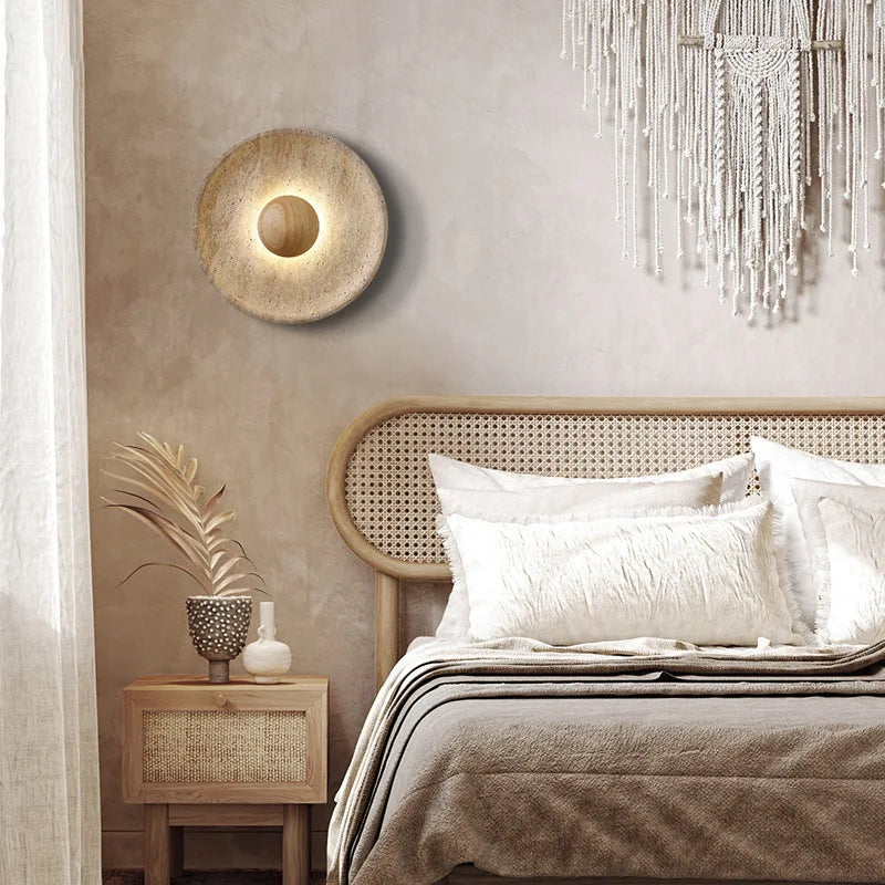 Nordic Round Corridor Sconce Light Stone Material And Wood Shade Home Decoration Lustre Hotel Theme Room Wall LED Light