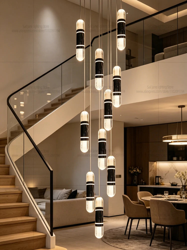 LED Luxury Capsule  Pendent Lamp Modern Vertical Stair Chandelier Long Hanging Lamp For Duplex Loft Villa High Ceiling Stairwell