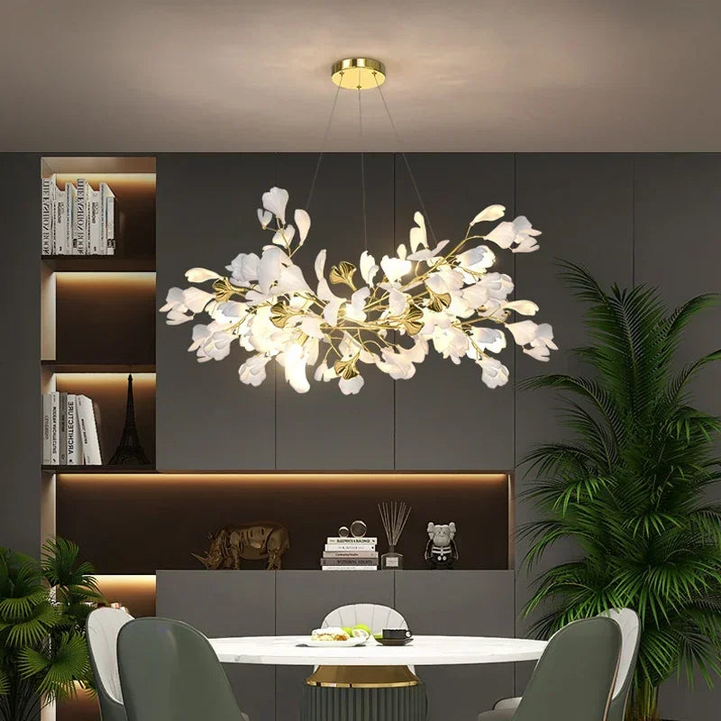 Nordic Luxury Ceramic Acrylic Ginkgo Leaf Chandelier Home Decor Hanging Light Fixture Living Dining Room Bedroom Pendant Lamp