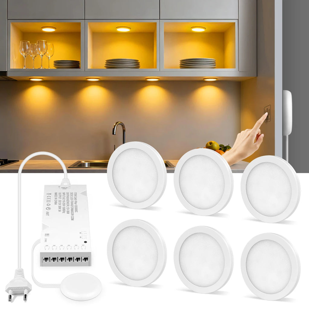 1-6pcs Ultra-Thin LED Ceiling Panel Light 5W 12V Dimmable Touch Sensor Puck Light for Closet Display Shelf Cabinet Wall Lighting