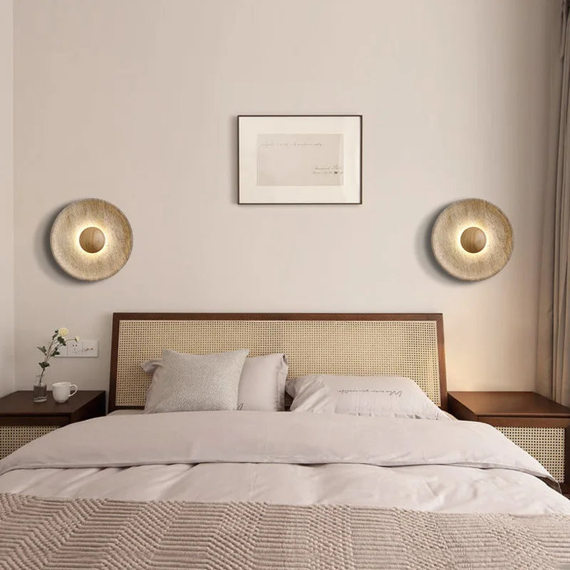 Nordic Round Corridor Sconce Light Stone Material And Wood Shade Home Decoration Lustre Hotel Theme Room Wall LED Light