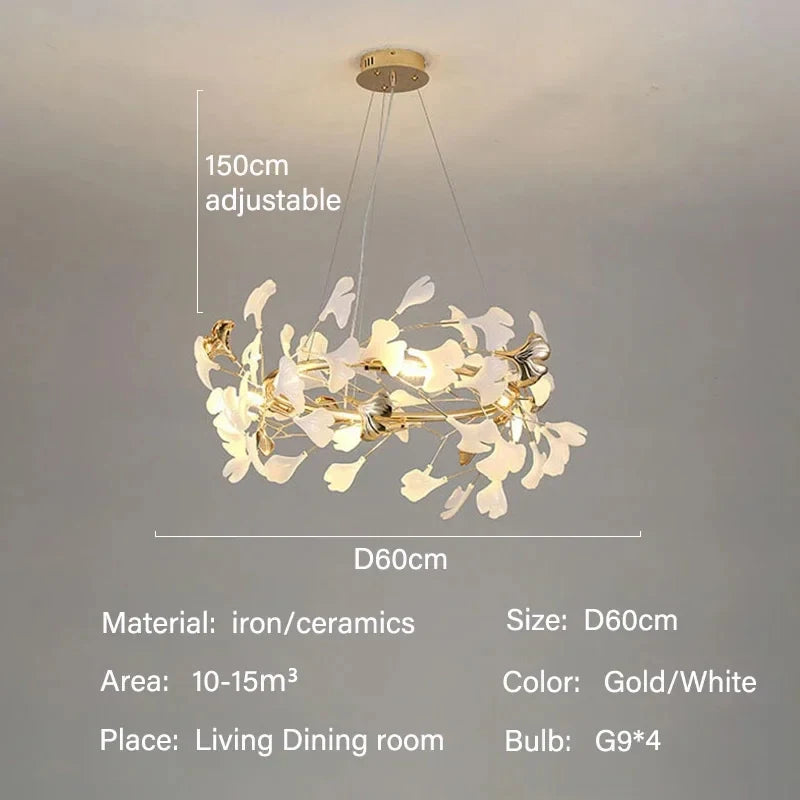 Nordic Luxury Ceramic Acrylic Ginkgo Leaf Chandelier Home Decor Hanging Light Fixture Living Dining Room Bedroom Pendant Lamp
