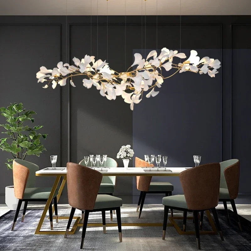Nordic Luxury Ceramic Acrylic Ginkgo Leaf Chandelier Home Decor Hanging Light Fixture Living Dining Room Bedroom Pendant Lamp