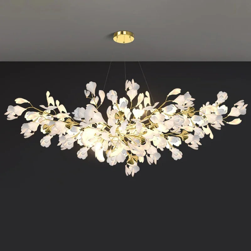 Nordic Luxury Ceramic Acrylic Ginkgo Leaf Chandelier Home Decor Hanging Light Fixture Living Dining Room Bedroom Pendant Lamp
