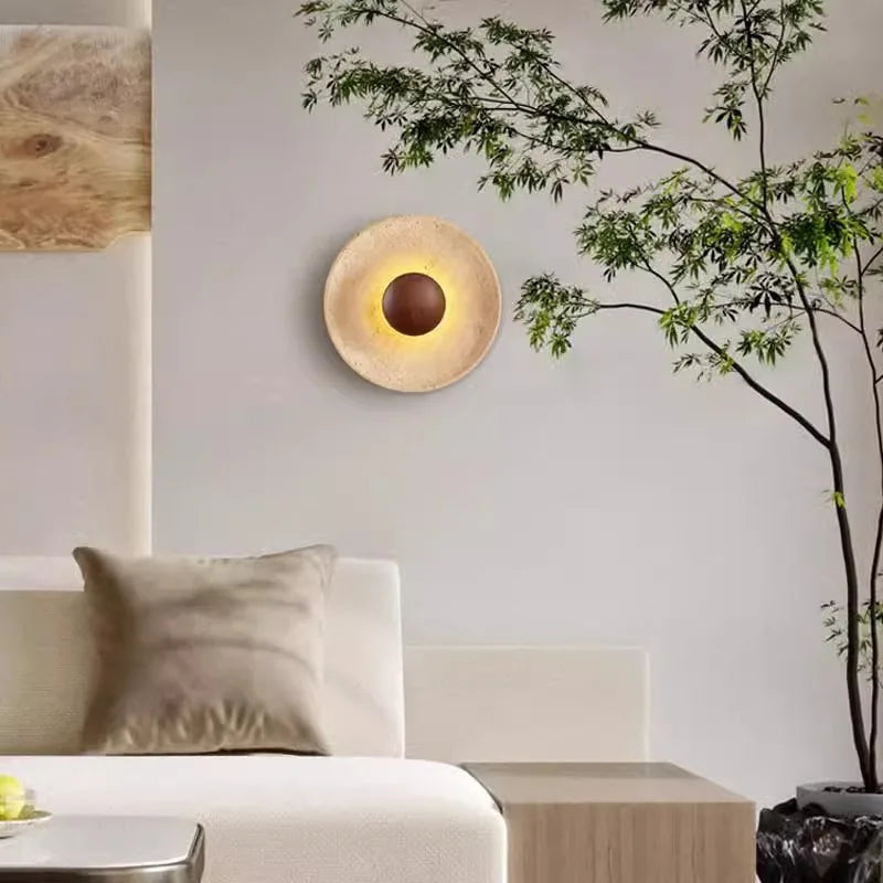 Nordic Round Corridor Sconce Light Stone Material And Wood Shade Home Decoration Lustre Hotel Theme Room Wall LED Light